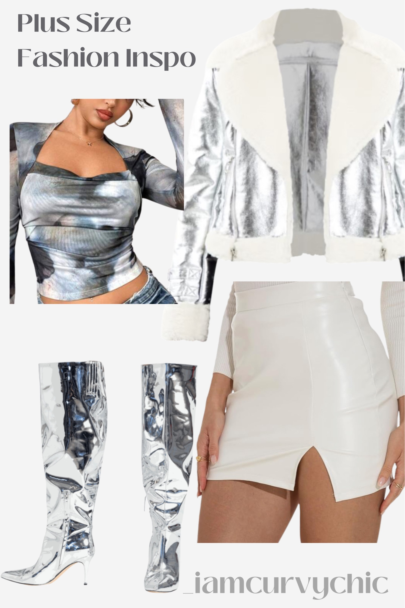 Plus Size Metallic Outfit 
White leather skirt 
Metallic wide calf boots 
Metallic Moto jacket 

#LTKHoliday #LTKShoeCrush #LTKPlusSize