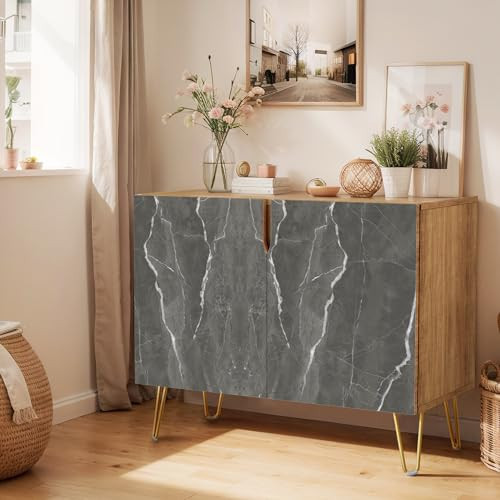 SIGNWIN Sideboard Buffet Cabinet, Kitchen Storage Cabinet with 2 Doors, Dark Gray Stonewash Marble Pattern, Cupboard Console Table for Dining Room - 35" L x 18" W x 29" H | Amazon (US)