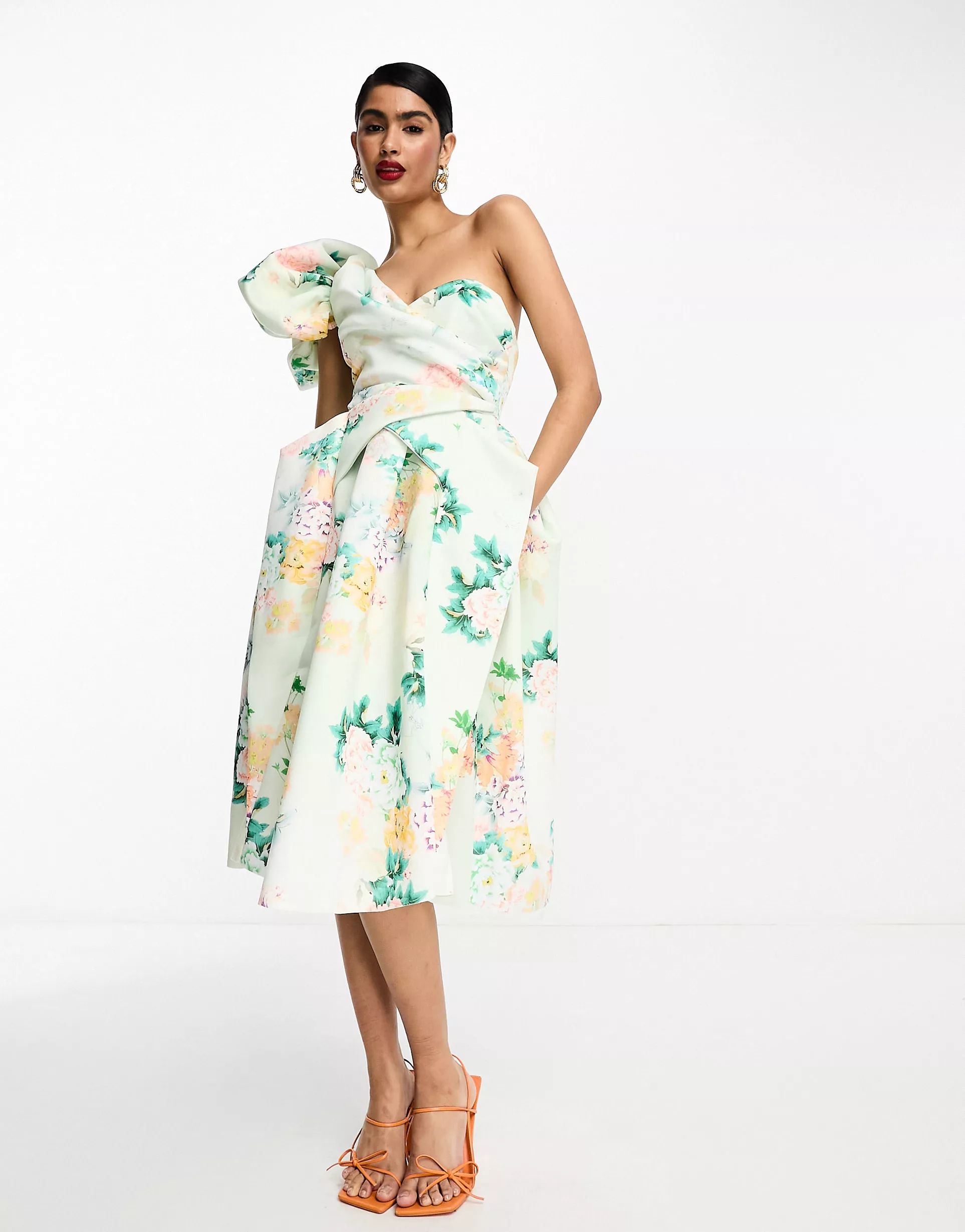 ASOS DESIGN one shoulder origami midi prom dress in blue floral print | ASOS (Global)