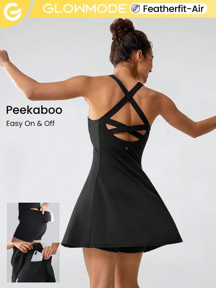 GLOWMODE FeatherFit™-Air Peekaboo Mini Dress With Built-In Shorts Pocket Square Neck Anti-Slip Crisscross Light Support Low Impact Quick Dry Moisture Wicking | SHEIN