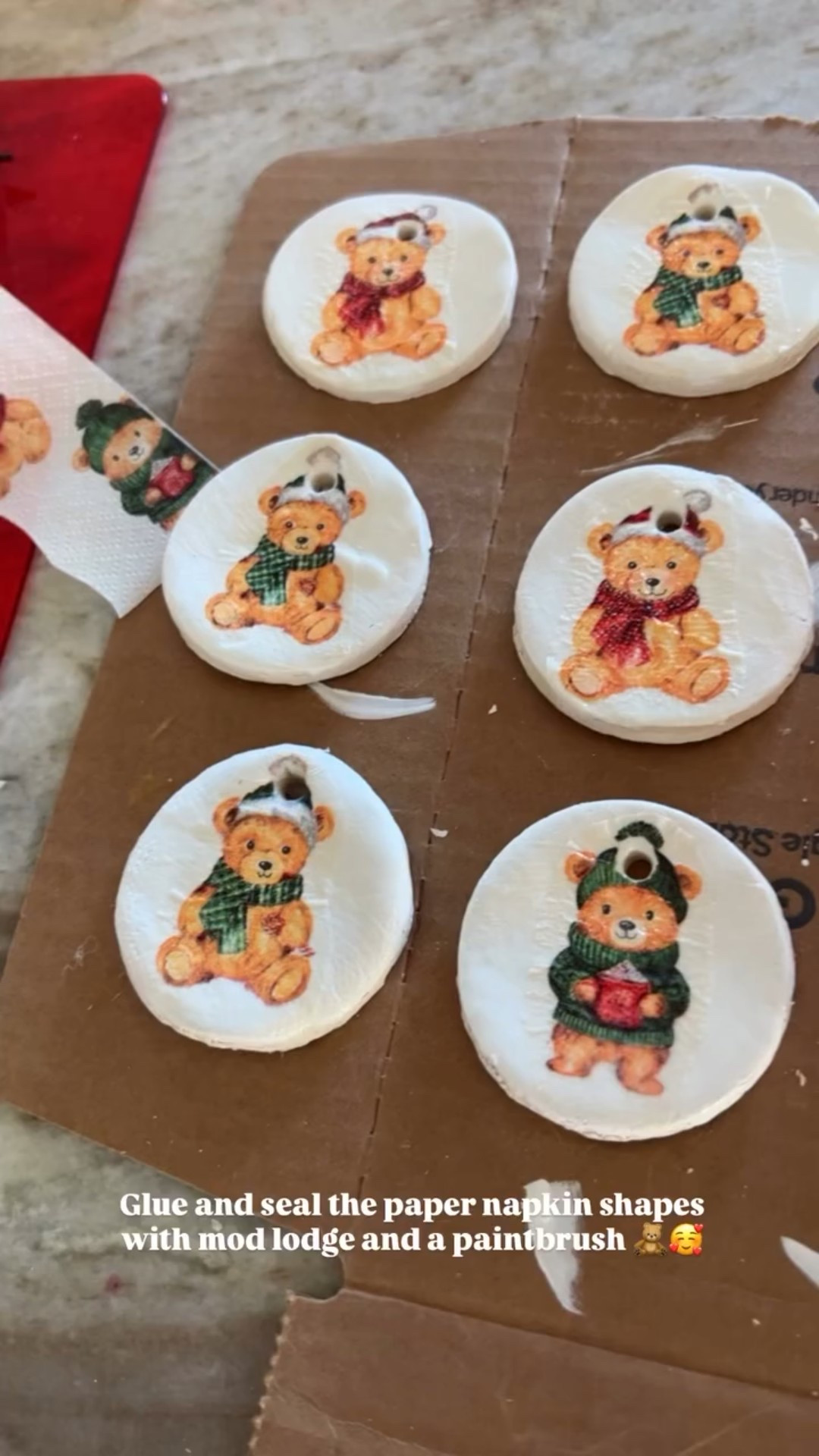 Saving the ornament DIY here for several you of you who asked! Roll out your air dry clay and cut circles using a cookie cutter or glass. Use a straw to make a hole for hanging. Allow to dry. Paint with acrylic paint if desired and allow to dry completely. Cut shapes from paper making, make sure you separate the plies and use one ply. Glue shapes with Mod Podge and a soft clean paintbrush, then apply another coat of clear Mod Podge to seal. #christmas ornament diy 

#LTKFindsUnder100 #LTKFindsUnder50