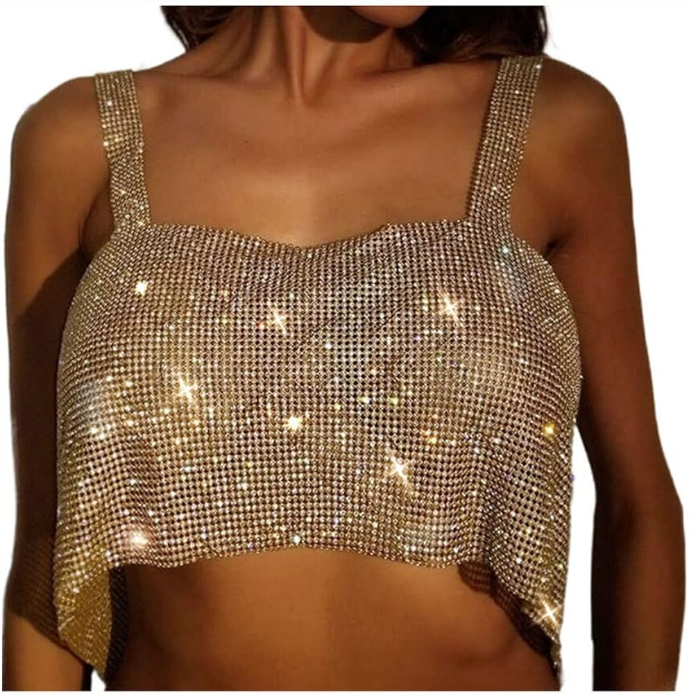 deladola Rhinestones Crop Top Gold Sparkly Crystal Tank Tops Backless Summer Beach Outfit for Women  | Amazon (US)