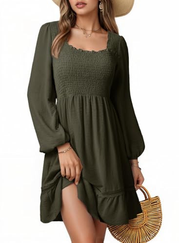 Dokotoo Womens Babydoll Dresses Scoop Neck Long Sleeve Knee Length Flowy Swing Shirring Mini Dresses Fall Dress Ruffle Flowy Tiered Lace Wedding Guest Dress Green Medium | Amazon (US)