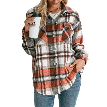 Seyurigaoka Women Juniors Shacket Plaid Printed Pattern Coat Button-down Collared Jacket | Walmart (US)