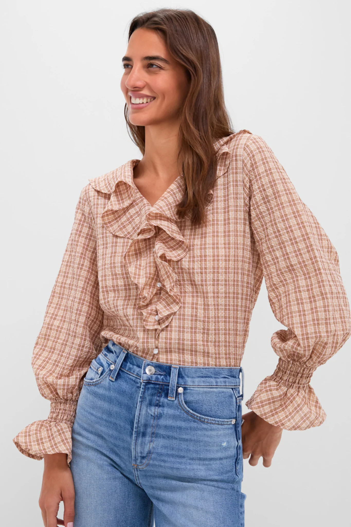 Tan and Pink Plaid V Neck Ruffle Eileen Button Down | Tuckernuck (US)
