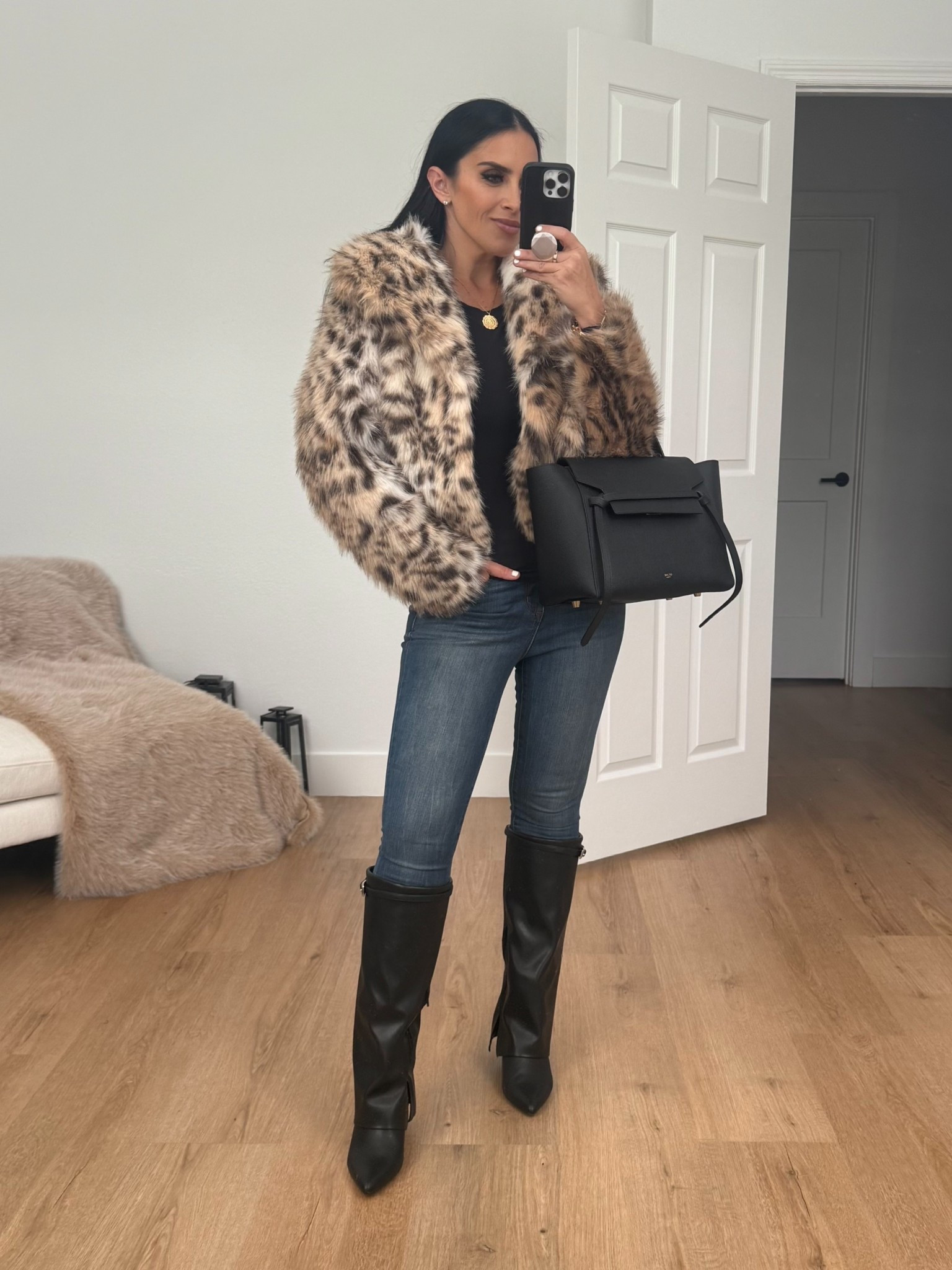 Jessica Simpson Women's Round Collar Faux Fur Jacket wearing size small. Madden NYC Women's Tall Foldover Boots
