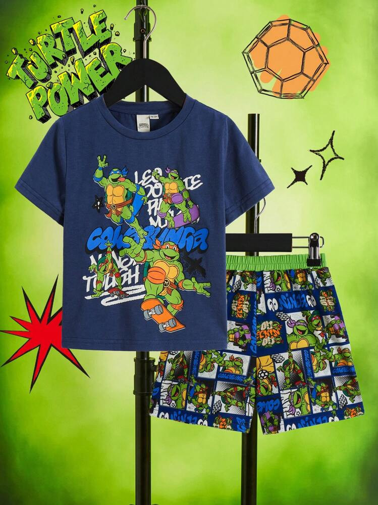 TEENAGE MUTANT NINJA TURTLES X SHEIN Young Boy Casual Cartoon Letter Printed Cool T-Shirt And Shorts Set For Summer | SHEIN