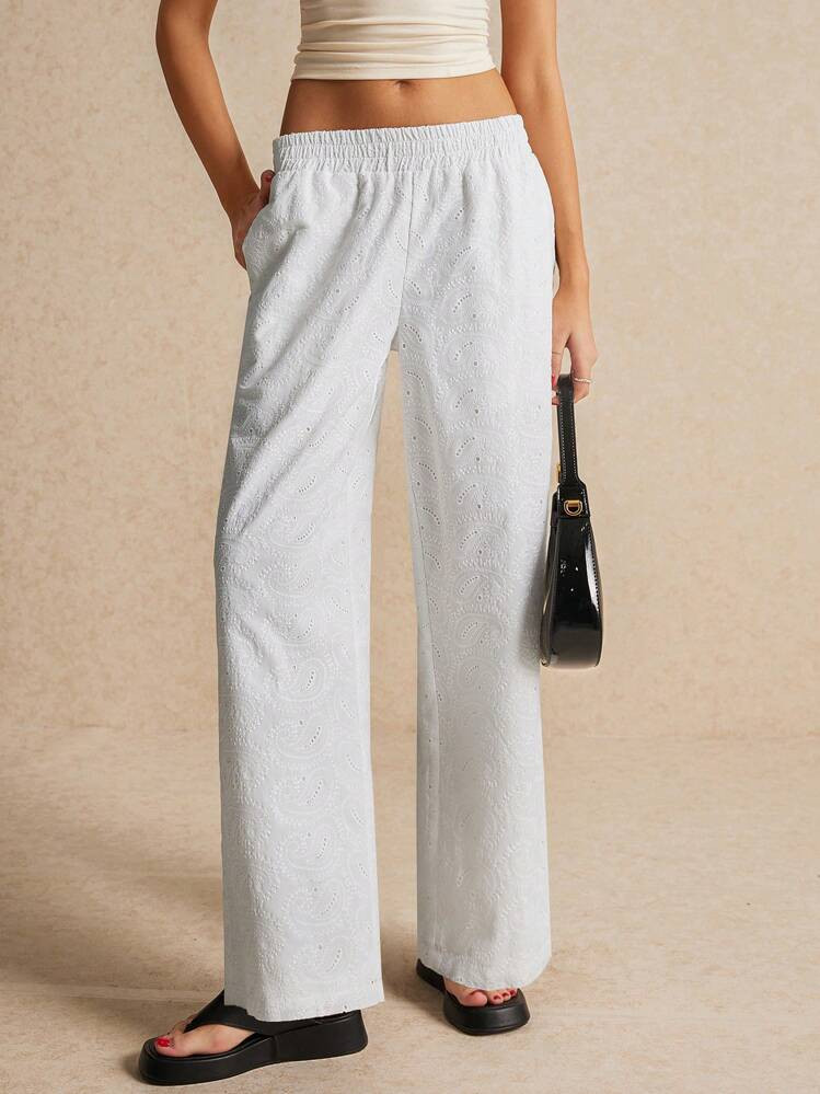 Poéselle Paisley Floral Embroidered Elastic Waist Pocket Low-Rise Long Pants, Fall Clothes, Women Clothes, Casual Women Dresses, Baggy Pants, White Women Dresses, Linen Pants | SHEIN