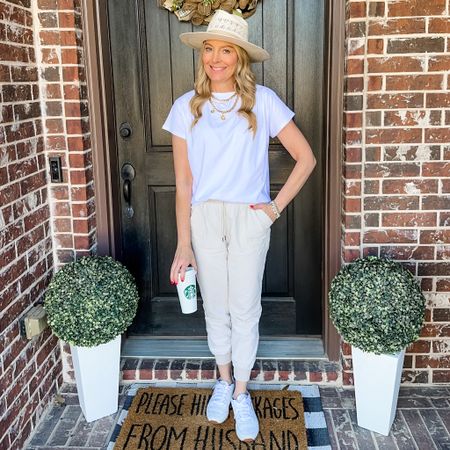 I love this neutral outfit. 
Linen joggers | tshirt | casual | spring summer | travel | vacation | comfy outfits | Amazon 

#LTKfindsunder50 #LTKsalealert #LTKstyletip