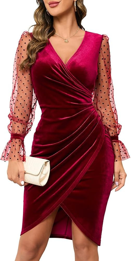 IHOT 2025 Women's Sexy V Neck Long Sheer Sleeve Velvet Faux Wrap Ruched Sheath Bodycon Cocktail P... | Amazon (US)