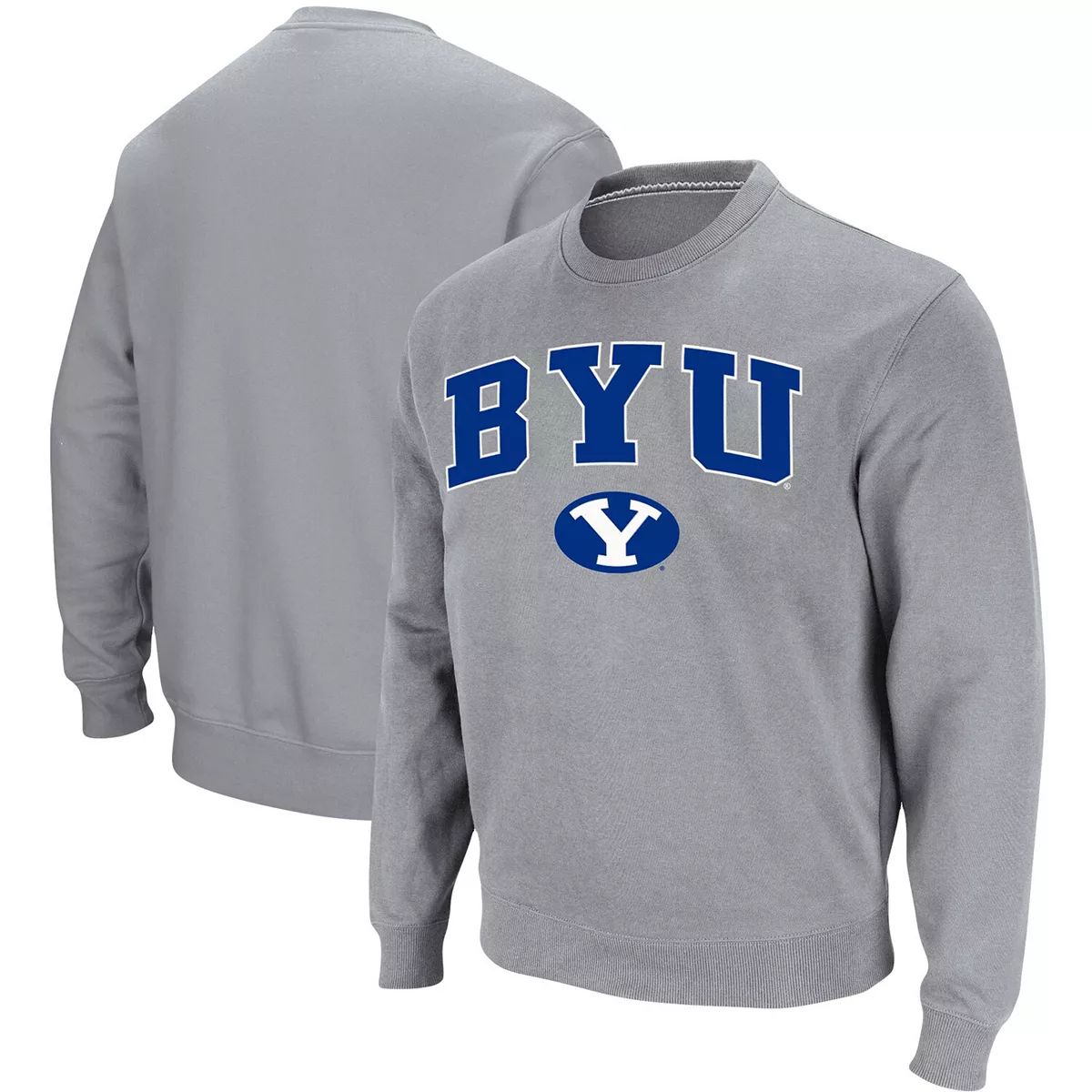 Men's Colosseum Heathered Gray BYU Cougars Arch & Logo Tackle Twill Pullover Sweatshirt | Kohl's