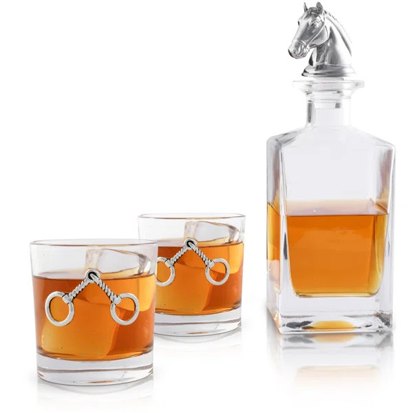 Equestrian Glass Whiskey Decanter with Pair of Bit Double Old Fashion Glasses | Perigold
