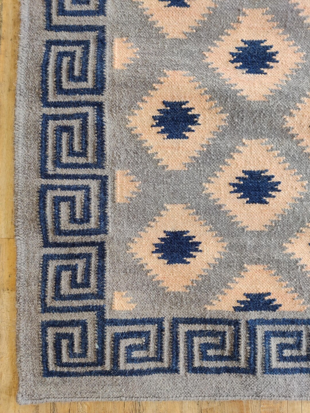 Blue Grey Geometric Flatweave Dhurrie, Diamond Pattern Kilim Style Area Rug, Modern Scandinavian ... | Etsy (US)