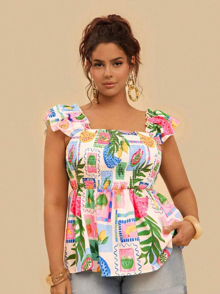 Travachic Plus Size Women Tropical Plant Print Tie-Waist Short Cap Sleeve Blouse | SHEIN