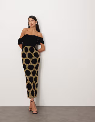ARRANGE draped bardot embellished spot midi dress in black | ASOS (Global)