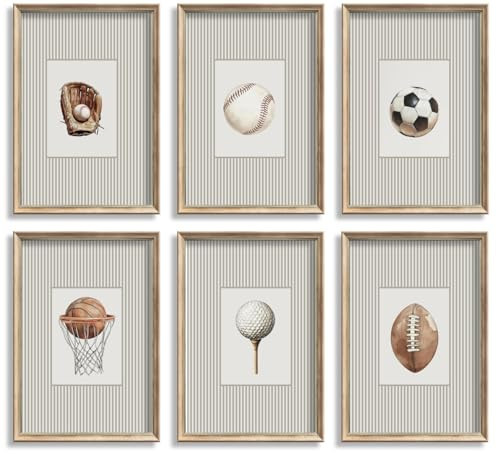 6Pcs Vintage Children's Sports Wall Art Kids Striped Wall Decor Football Baseball Basketball Soccer Golf Baseball Glove Poster Prints Pictures for Boys Room Nursery Home Decoration 8x10in Unframed | Amazon (US)