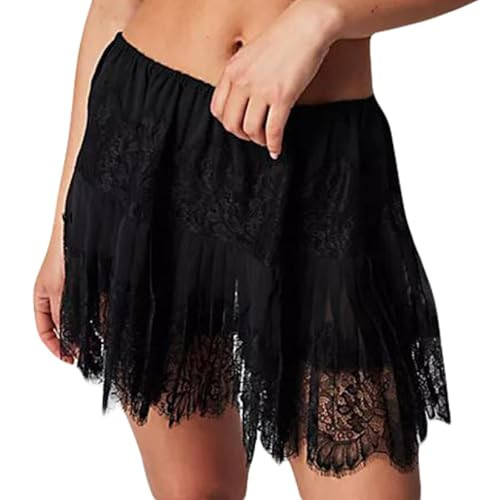 Muineobuka Women Lace Mini Skirt Low Rise Lace Slip Skirts Pleated Layered Ruffle Half Slip Underskirt | Amazon (US)