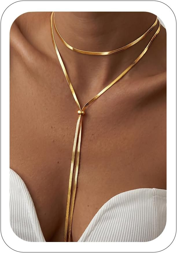 Long Gold Lariat Y Necklace for Women, 14K Gold Plated Waterproof Flexible Snake Chain Slip Tie Bolo Necklace, Long Drop Chest Chain for Deep V Neck Blazer & Dress, Non-Tarnish Adjustable Jewelry Gift for Her | Amazon (US)