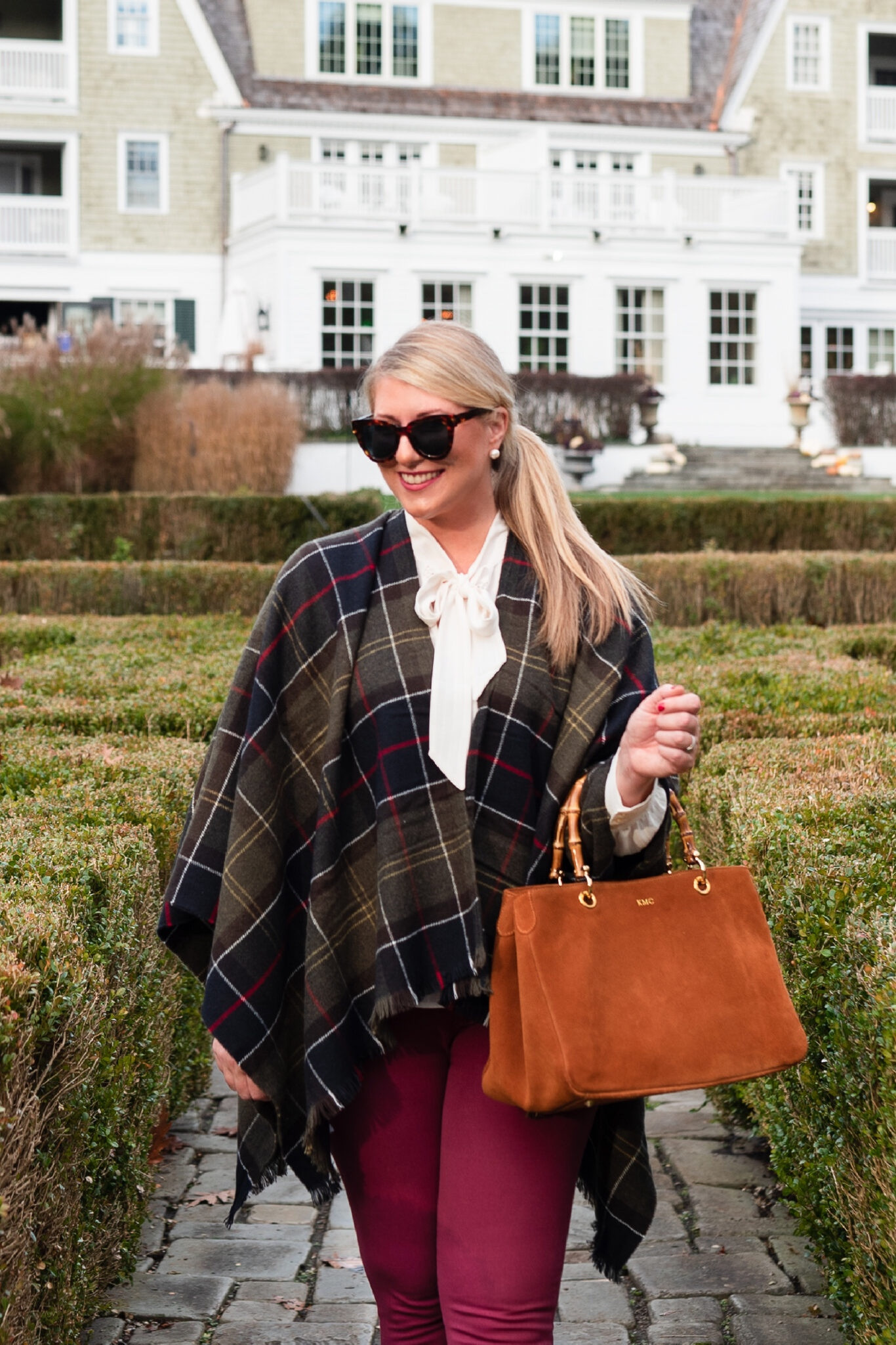 Fall outfit: Barbour classic tartan blanket scarf, white bow blouse, chestnut suede bamboo handbag on sale now!! , tortoise sunglasses, berry riding pants 

#LTKmidsize #LTKsalealert #LTKover40