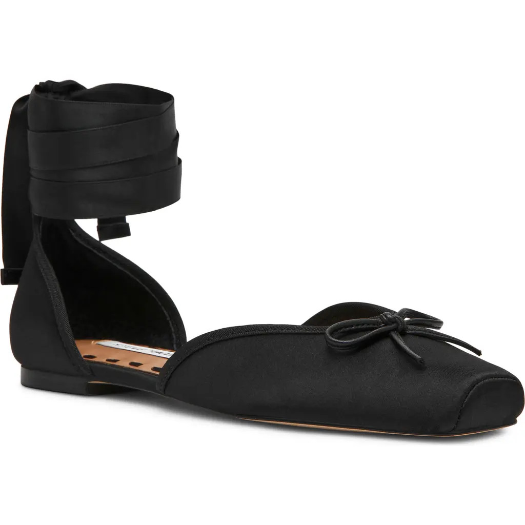 Steve Madden Leonora Ankle Wrap Flat in Black Satin at Nordstrom, Size 9.5 | Nordstrom