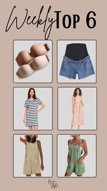 This week’s top 6! My favorite strapless bras are on sale! My go to maternity jeans shorts are 20% off! Two great dresses one from from Target and one from Old Navy and two casual bump-friendly rompers from Amazon make for some great summer outfits!

#LTKStyleTip #LTKBump #LTKSaleAlert