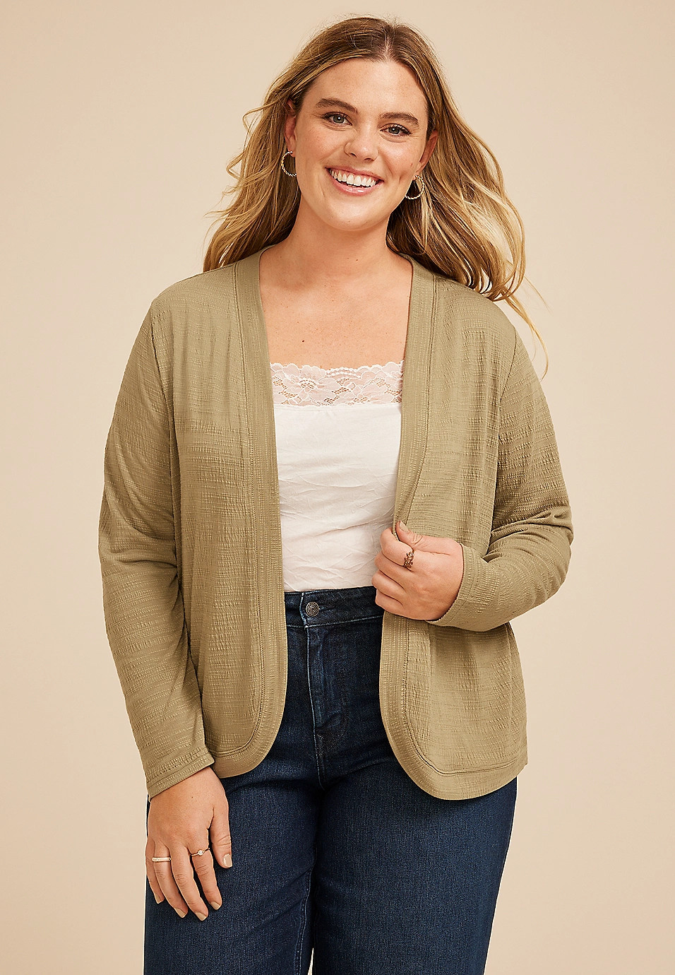 Plus Size Textured Curved Hem Cardigan | Maurices