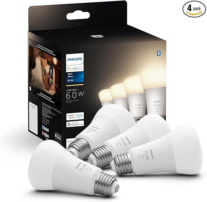Philips Hue Smart 60W A19 LED Bulb - Soft Warm White Light - 4 Pack - 800LM - E26 - Indoor - Cont... | Amazon (US)
