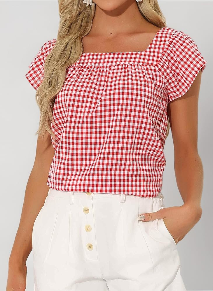 Allegra K Summer Square Neck Gingham Tops for Women's Cap Sleeve Tshirts Blouses | Amazon (UK)