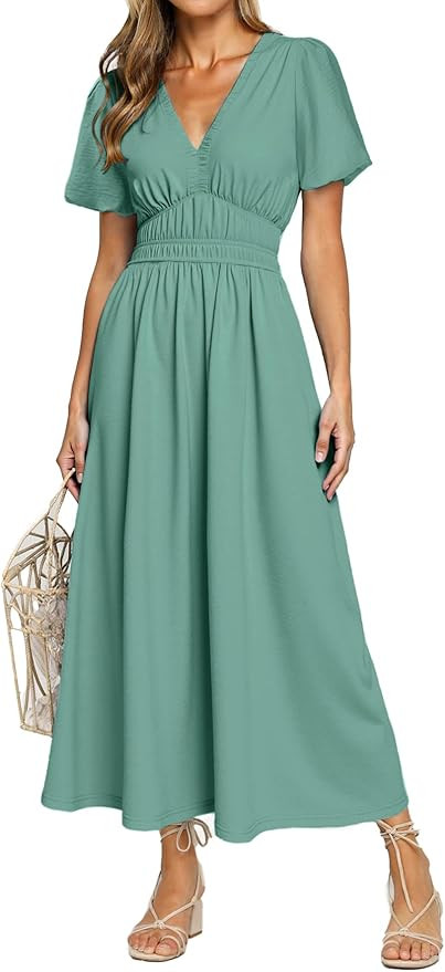 Simplee Women's Summer Flowy Midi Dress Casual V Neck Short Sleeve Empire Waist Boho Beach Weddin... | Amazon (US)