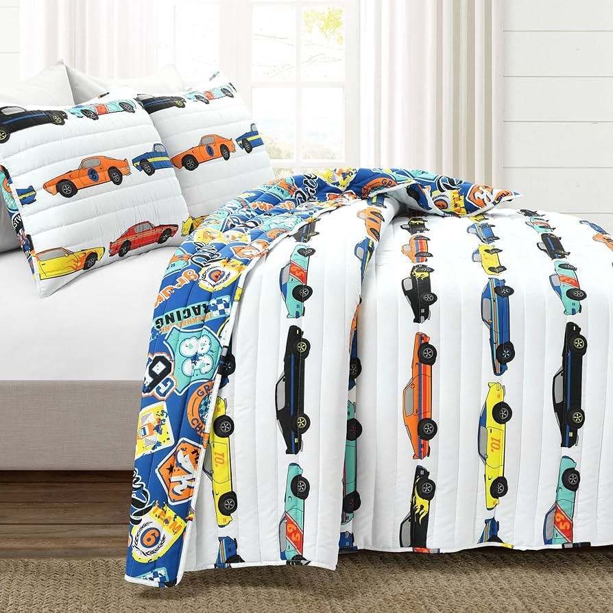 Lush Decor Race Car Kids' 3-Piece Quilt Bed Set, Reversible Bedding Set for Boys, White, Full/Que... | Amazon (US)
