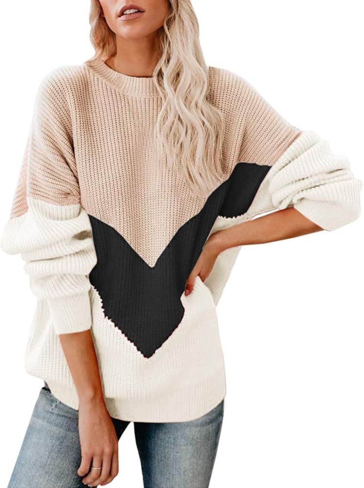 Saodimallsu Womens Oversized Batwing Sleeve Sweaters Chevron Color Block Slouchy Loose Knit Pullo... | Amazon (US)