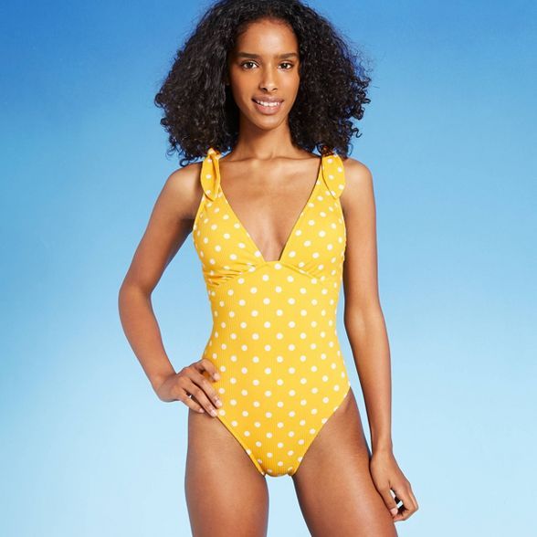 Women's Shoulder Tie Ribbed One Piece Swimsuit - Shade & Shore™ Yellow Polka Dot Print | Target