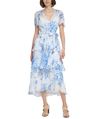 Calvin Klein Women's Printed Chiffon Short-Sleeve Tiered Dress & Reviews - Dresses - Women - Macy... | Macys (US)