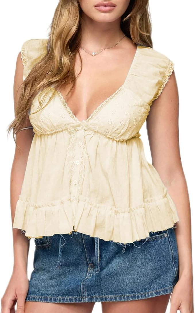 Women Y2K Ruffled Hem Shirt Cap Sleeve Deep V Neck Button Front Peplum Tank Top Summer Solid Colo... | Amazon (US)