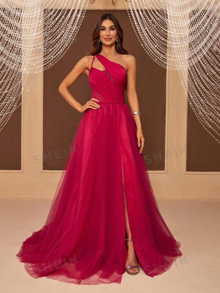 SHEIN Belle One Shoulder Cut Out Mesh Overlay Dress Prom Dresses For Women | SHEIN