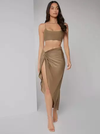 SHEIN BAE Solid Crop Cami Top & Twist Waist Skirt Set | SHEIN