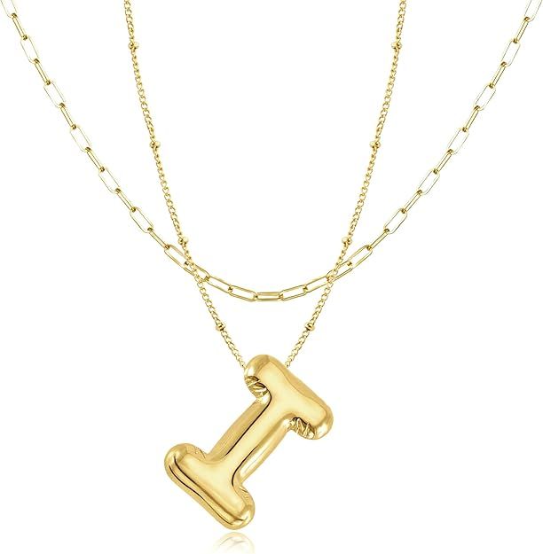 Bubble Letter Necklace Gold - 14K Gold Plated Initial Necklaces for Women Girls, Dainty Letter Go... | Amazon (US)