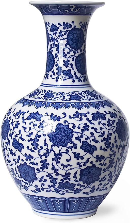 Dahlia Ancient Lotus Motif Blue and White Porcelain Flower Vase, 13 Inches, Chinese Bottle Vase | Amazon (US)