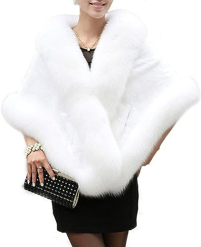 UMREN Women's Luxury Party Faux Fox Fur Long Shawl Cloak Cape for Winter Whiter B | Amazon (US)