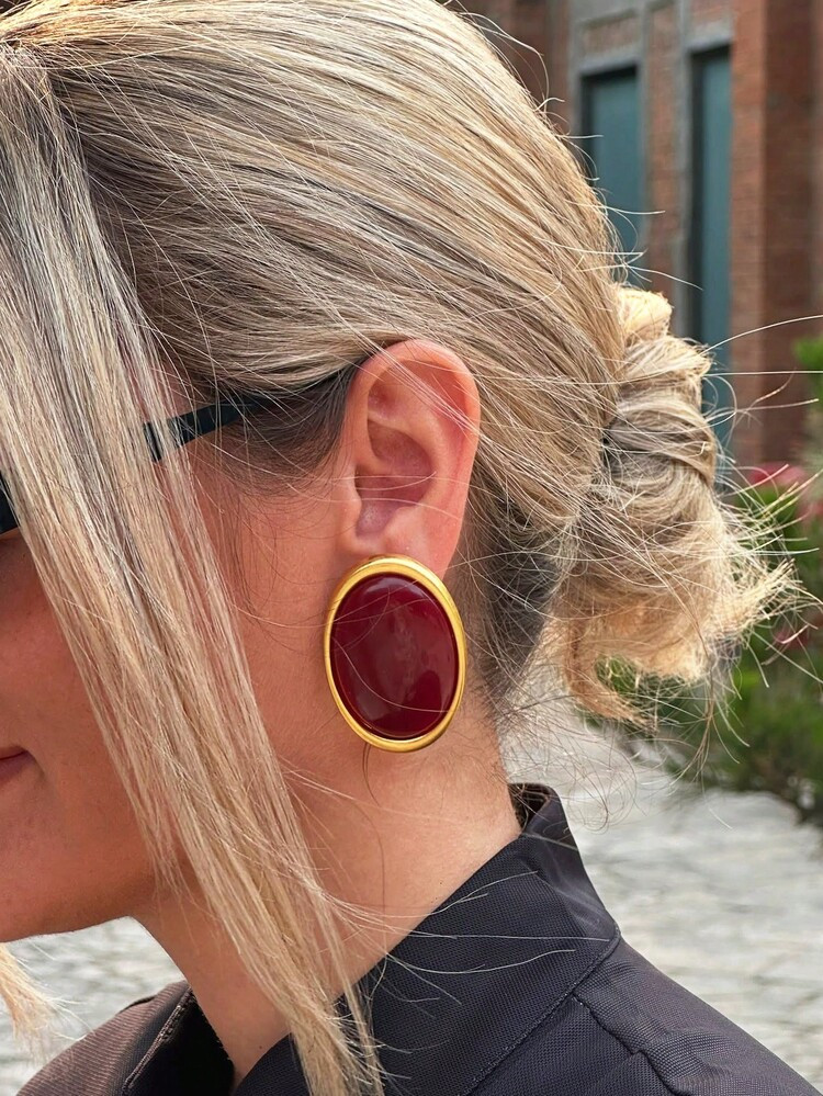 1 Pair Vintage Elegant Luxury Minimalist Custom Exaggerated Chunky Geometric Oval Faux Ruby Resin... | SHEIN