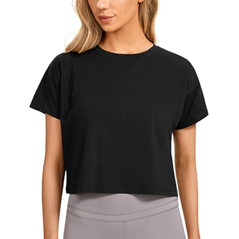 Women's Pima Cotton Workout Short Sleeve Shirts Loose Crop Tops Athletic Gym Shirt Casual Cropped T- | Amazon (US)