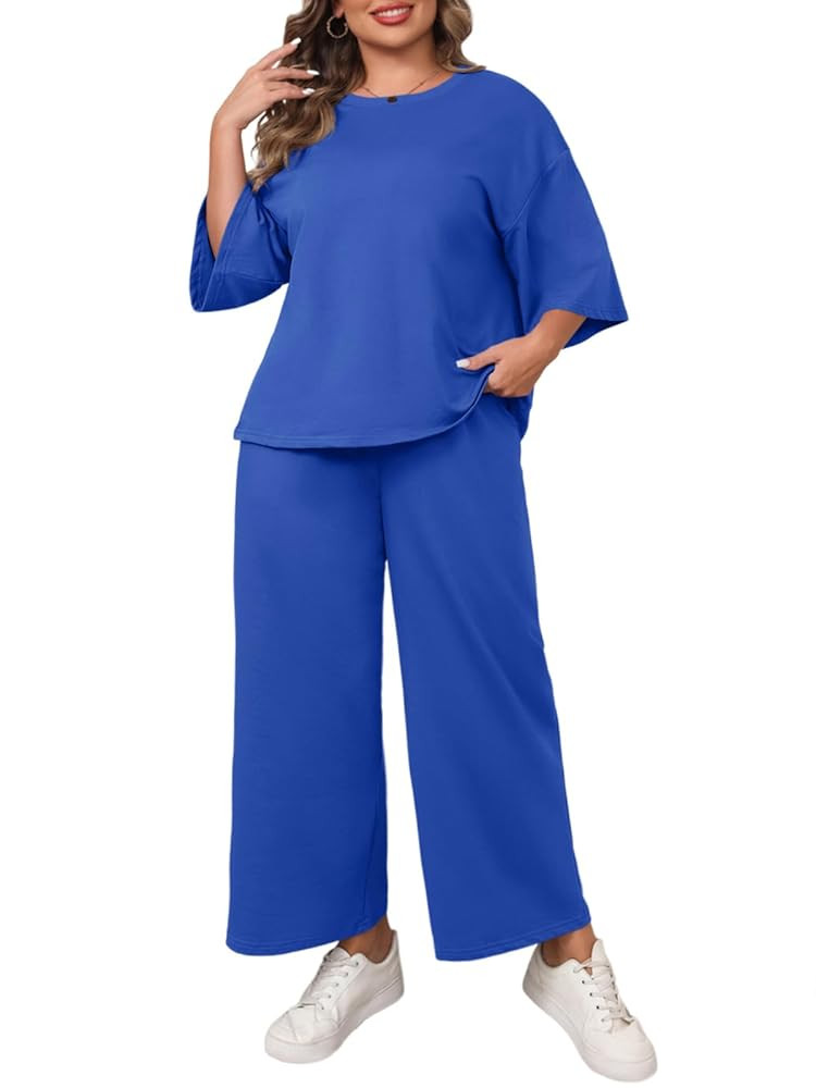 Beautife Womens Plus Size 2 Piece Outfits 3/4 Sleeve Tops and Wide Leg Pants Loungewear Pajamas S... | Amazon (US)