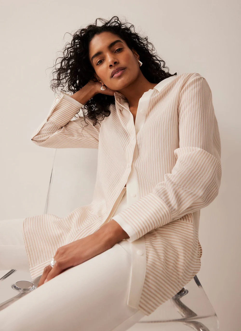 Neutral Striped Longline Shirt | Mint Velvet