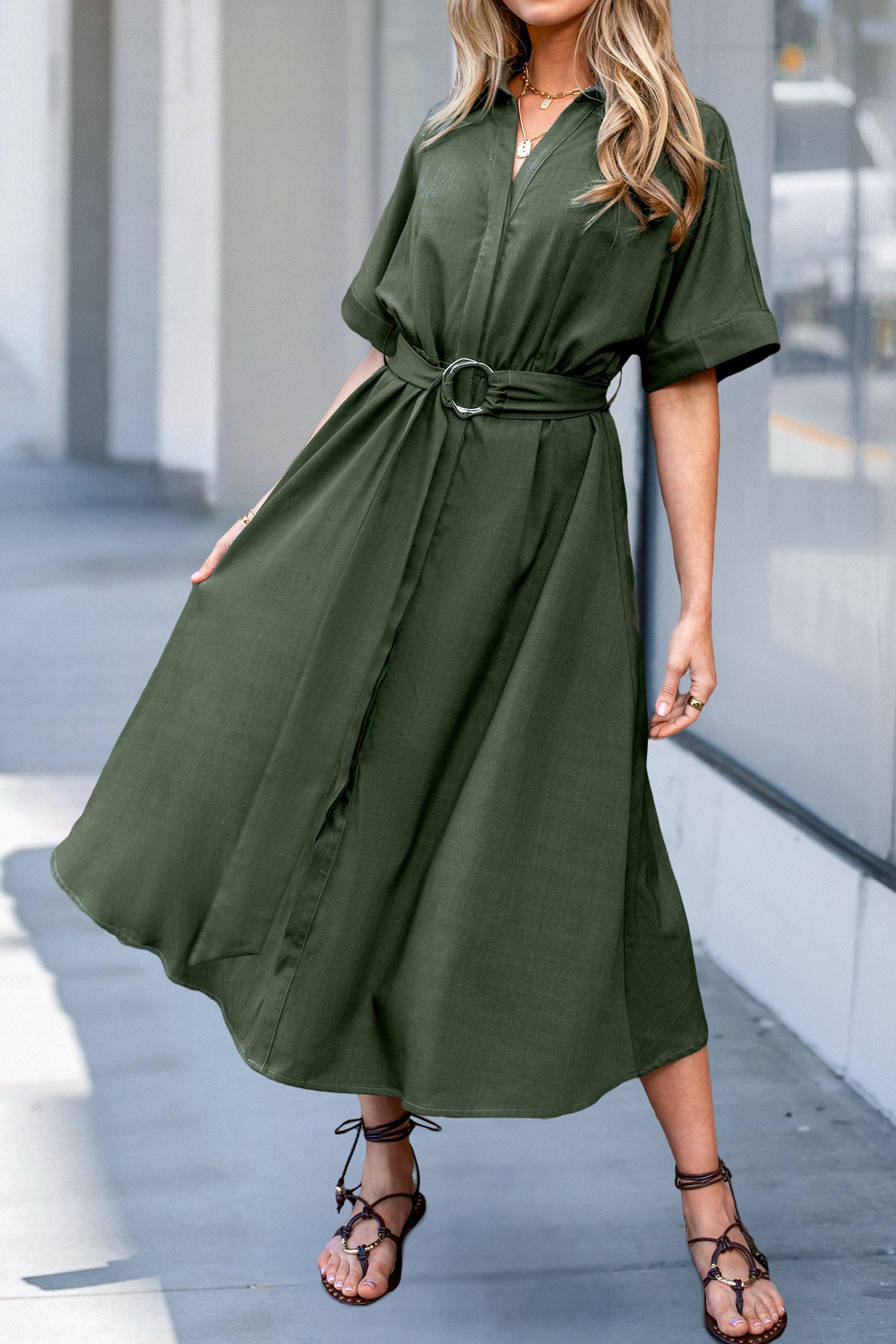 NewGreen Collared Short Sleeve Midi Dress | Cupshe US