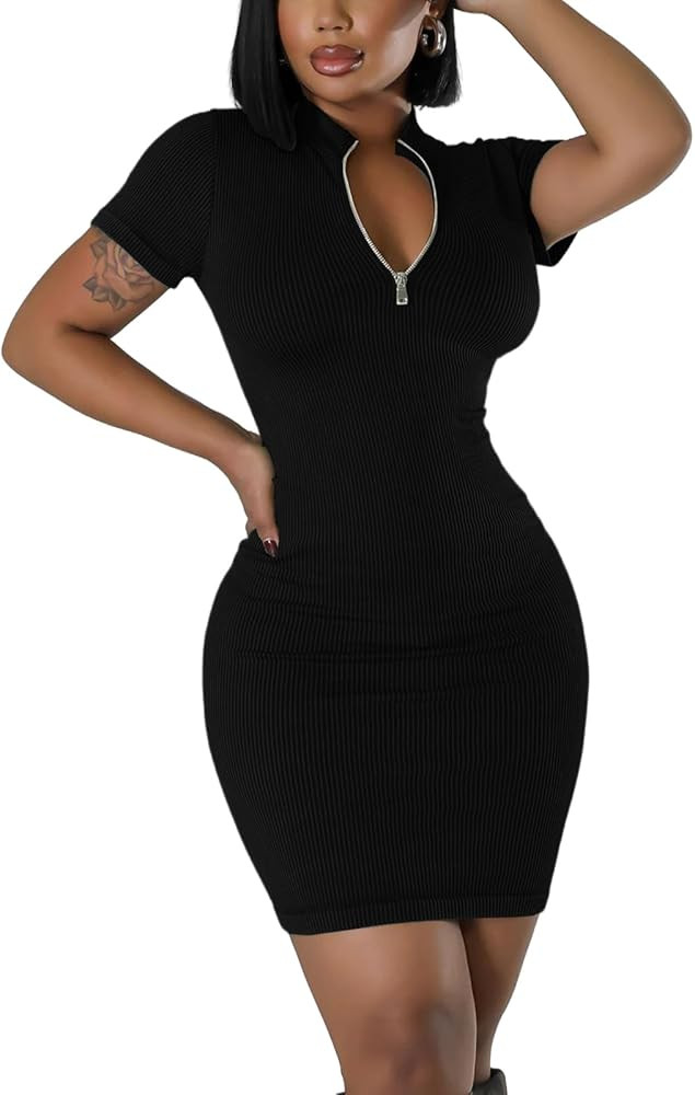 Ribbed Bodycon Dresses for Women Short Sleeve Summer Zip Up Front Casual Mini Tank Dress | Amazon (US)