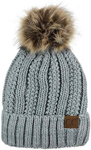 C.C Thick Cable Knit Faux Fuzzy Fur Pom Fleece Lined Skull Cap Cuff Beanie | Amazon (US)
