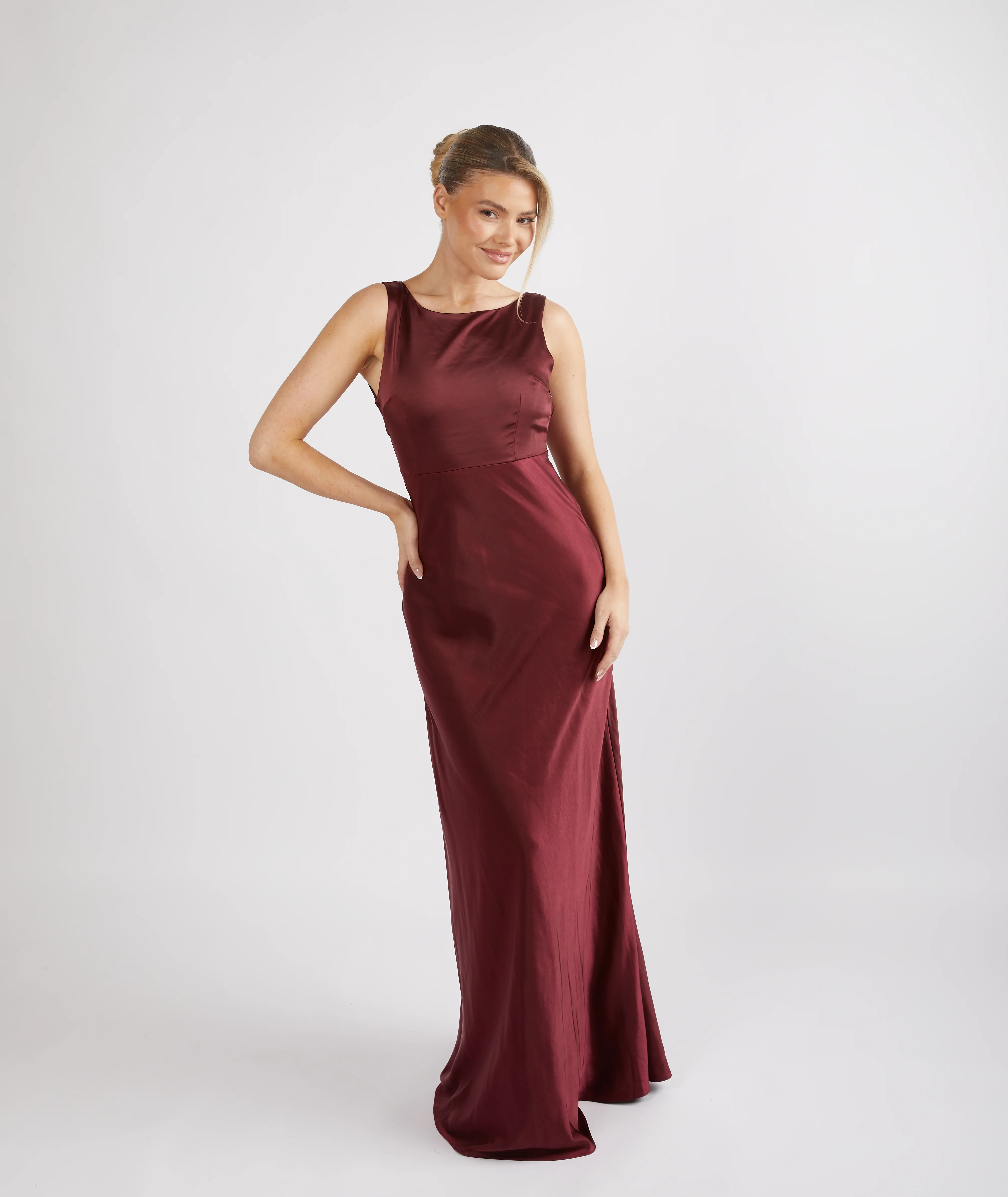 Cowl Back Satin Bridesmaid Dress - Deep Wine | Six Stories - 12 | Six Stories