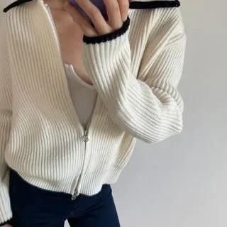 Contrast Trim Collared Zip-Up Cardigan | YesStyle Global