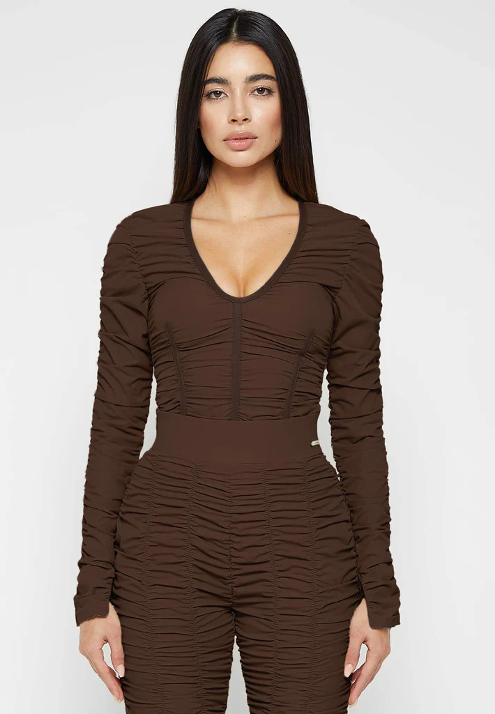 Ruched Long Sleeve Bodysuit - Brown | Maniere De Voir