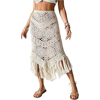 GORGLITTER Women's Crochet Beach Skirt Hollow Out Fringe High Waisted Bathing Suit Cover Up | Amazon (US)